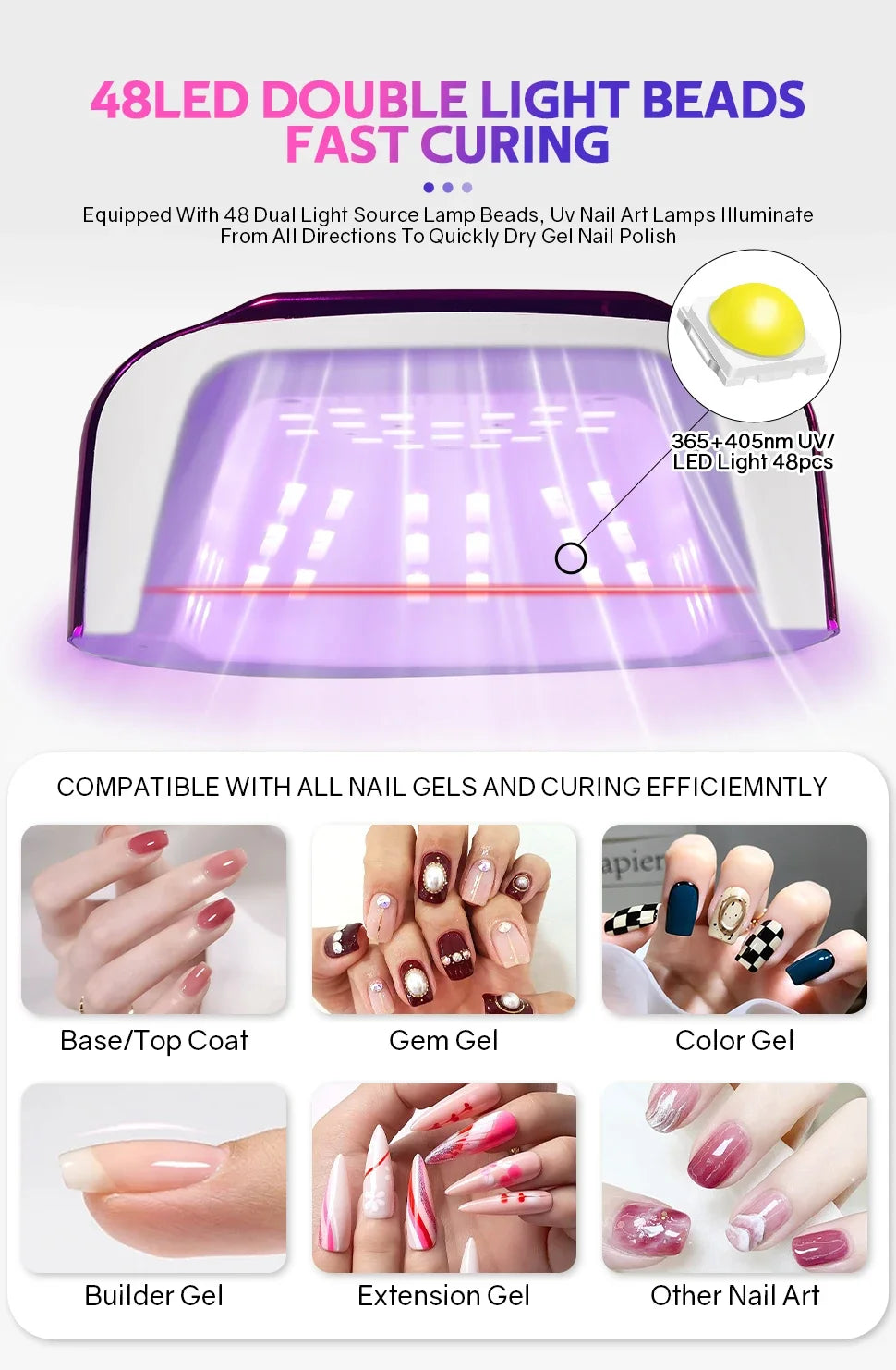 200W UV LED Nail Lamp 48 LEDs Nail Dryer with HD LCD Display Rechargeable Manicure Lamp for Curing All Nails Gel Nail Art Tools