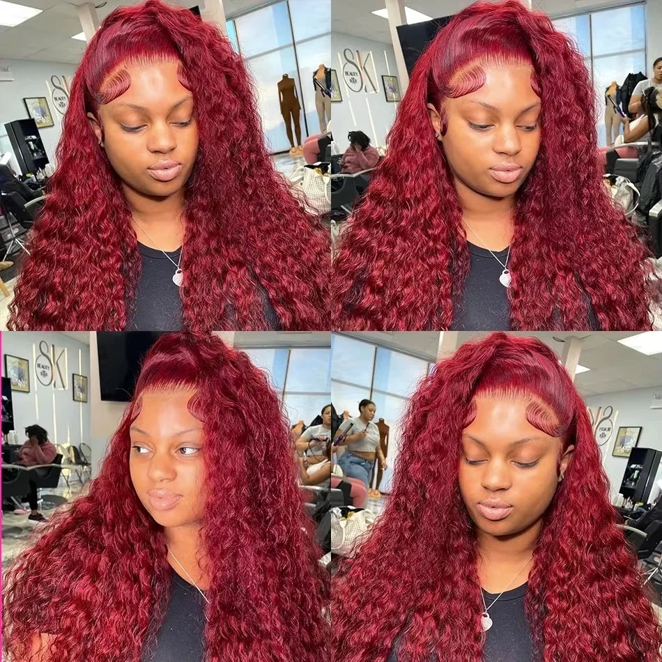 200 Density 13x4 Curly 99J Burgundy Lace Front Wig Red Wine Colored 30 40 Inch Deep Wave 13x6 HD Lace Frontal Human Hair Wigs