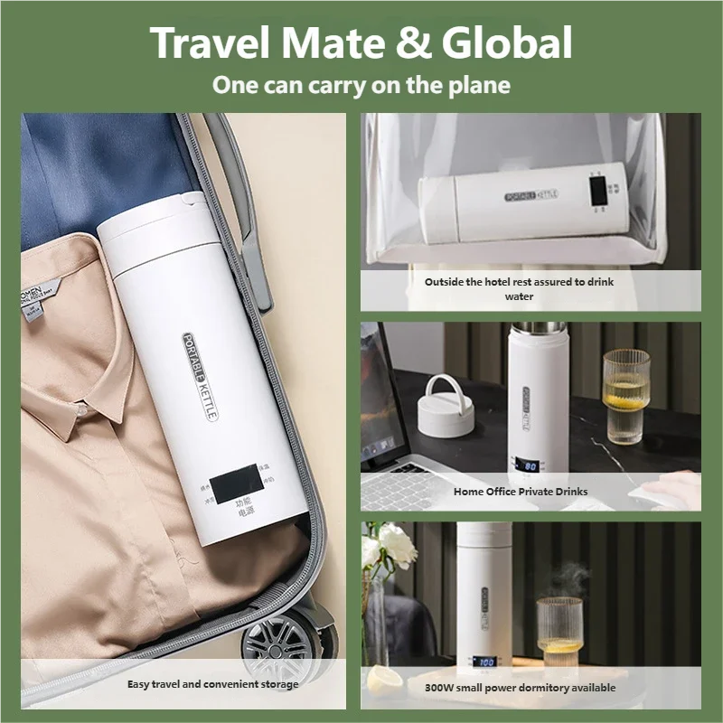 HOMEFISH 450ML Electric Kettles Portable Tea Coffee Kettle Travel Boil Water Thermal Cup Anti-Scald Water Bottle English Menu