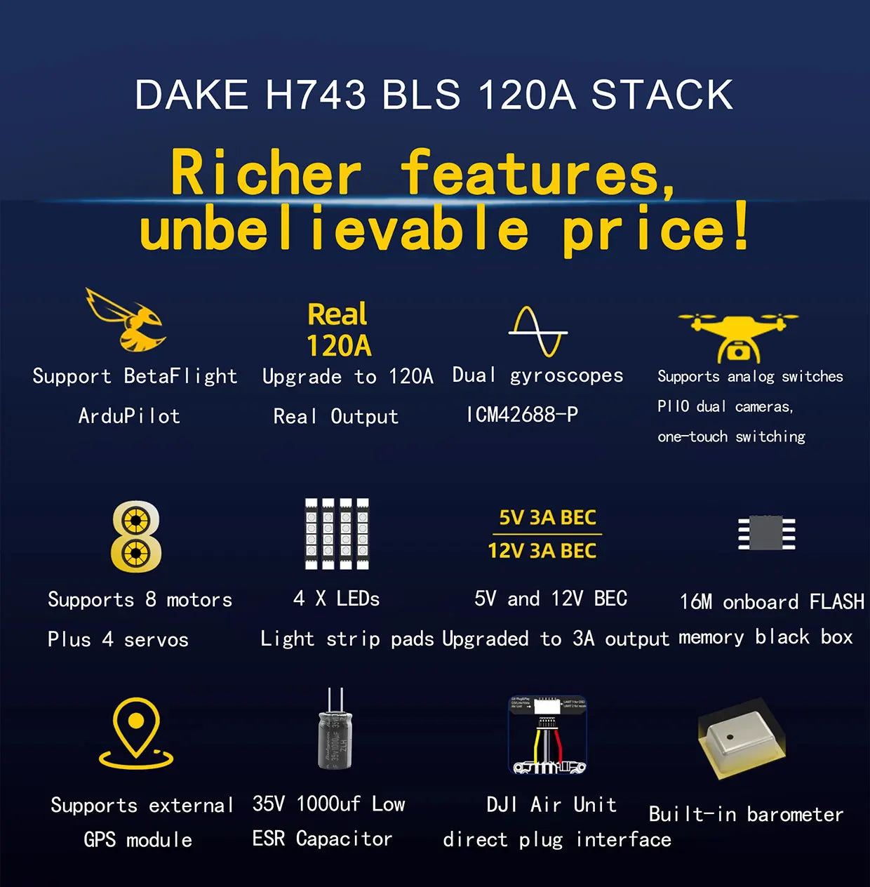 DAKEFPV H743 12S 120A stack ICM42688P H743 flight control FC Flight controller FPV stack for MARK4 13inch FPV Drone frame