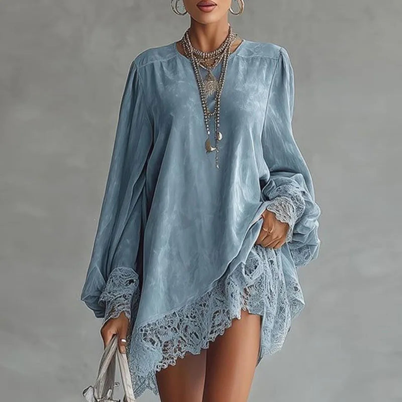 Woman Sexy V Neck Patchwork Lace Party Dress Spring Elegant Solid Loose Mini Dress Autumn Long Sleeve A-Line Boho Dress Vestidos