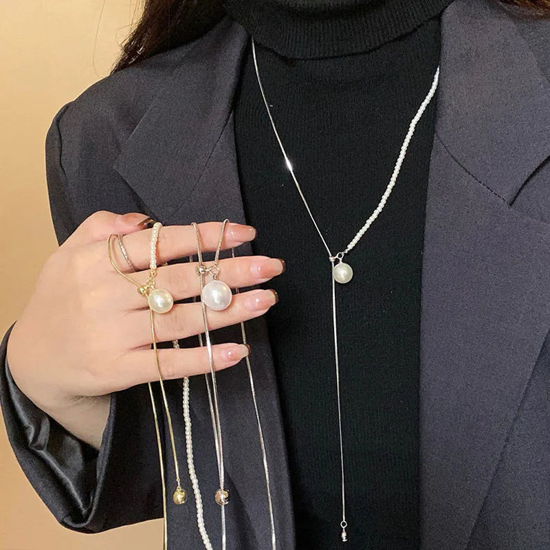 Chic Pearl Lariat Necklace Gold Chain Adjustable Minimalist Sweater Chain Jewelry for Women Statement Neck Jewelry Accessory New