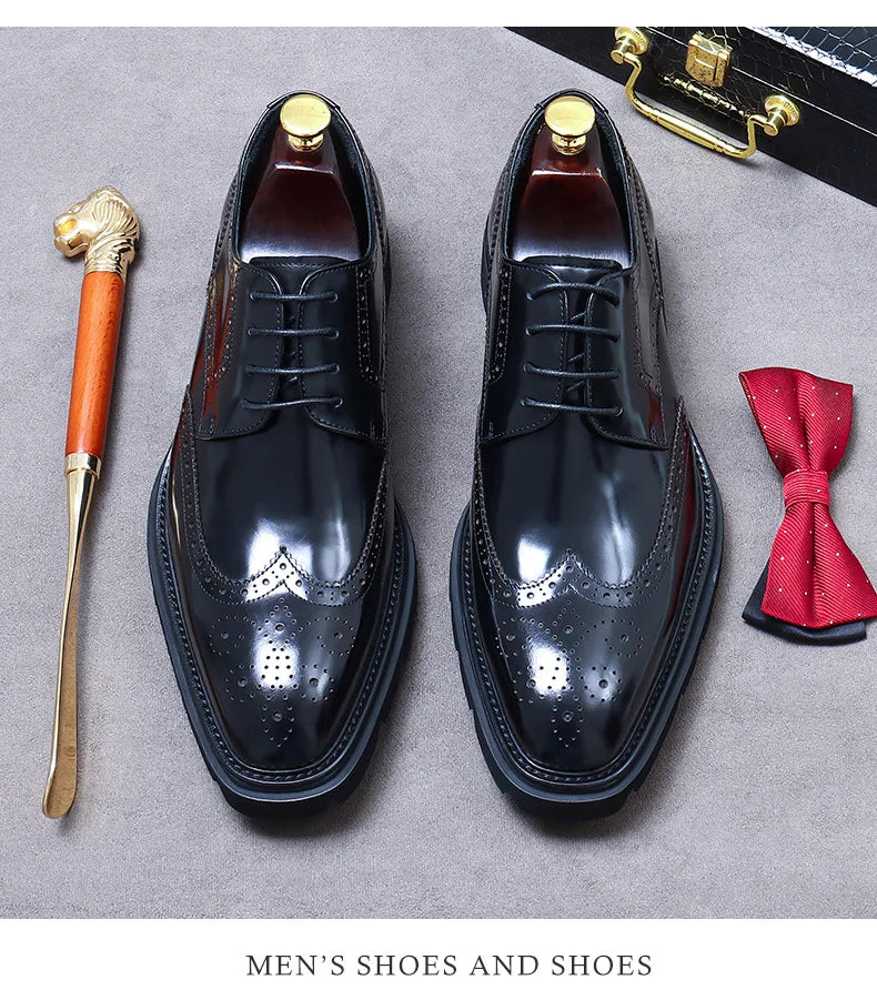 Size 38 To 46 Classic Italian Genuine Leather Men's Dress Shoes Black Lace-up Wingtip Oxfords Business Wedding Brogue Suit Shoes