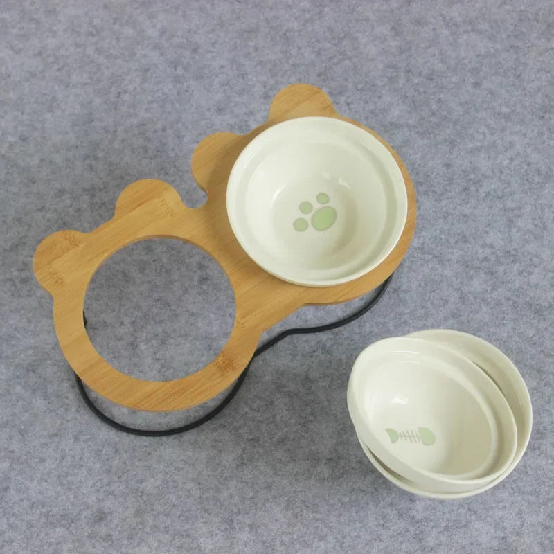 Ceramic Cat Bowl Cat Food Feeder Dog Bowls Drinking Water Bowl Cervical Protection Pet Supplies Ceramic Double Cat Bowls