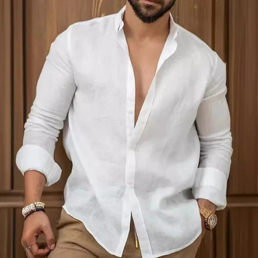 Cotton Linen Shirt for Men Summer Solid Color Lapel Lightweight Breathable Tops Men's Loose Casual Long Sleeve Beach Shirt