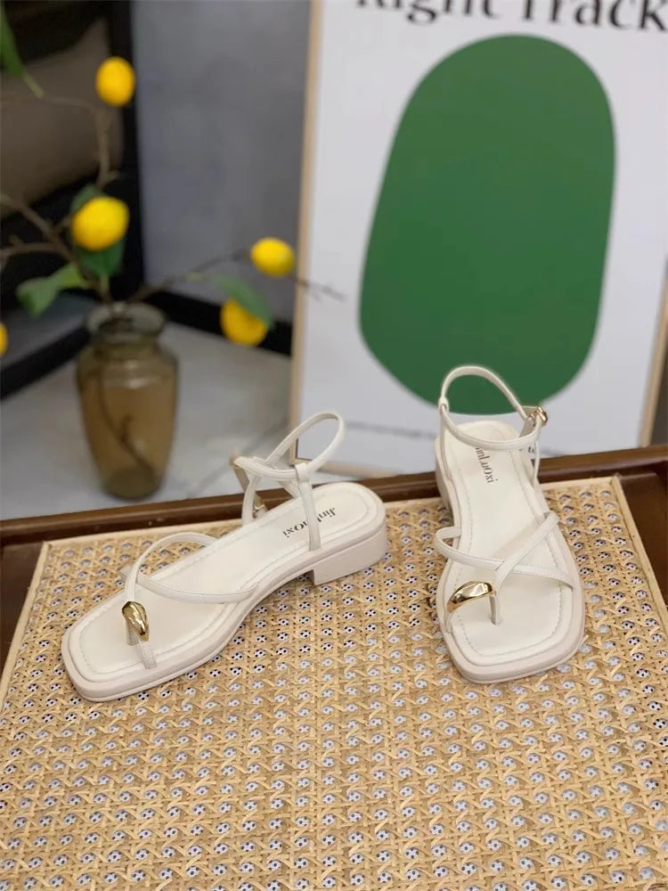 Sandals Women 2024 Summer New Fashion Square Toe Roman Shoes Simple Fairy Strap Women Shoes Flat Casual Shoe Sandalias De Mujer
