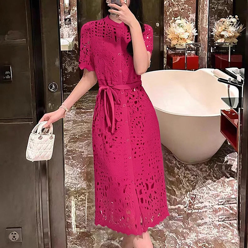 ZANZEA Elegant Lace Sundress Women Vintage Lace-Up Office Dress 2025 Summer Solid Hollow Out Vestidos A-Line CasualRobe Femme