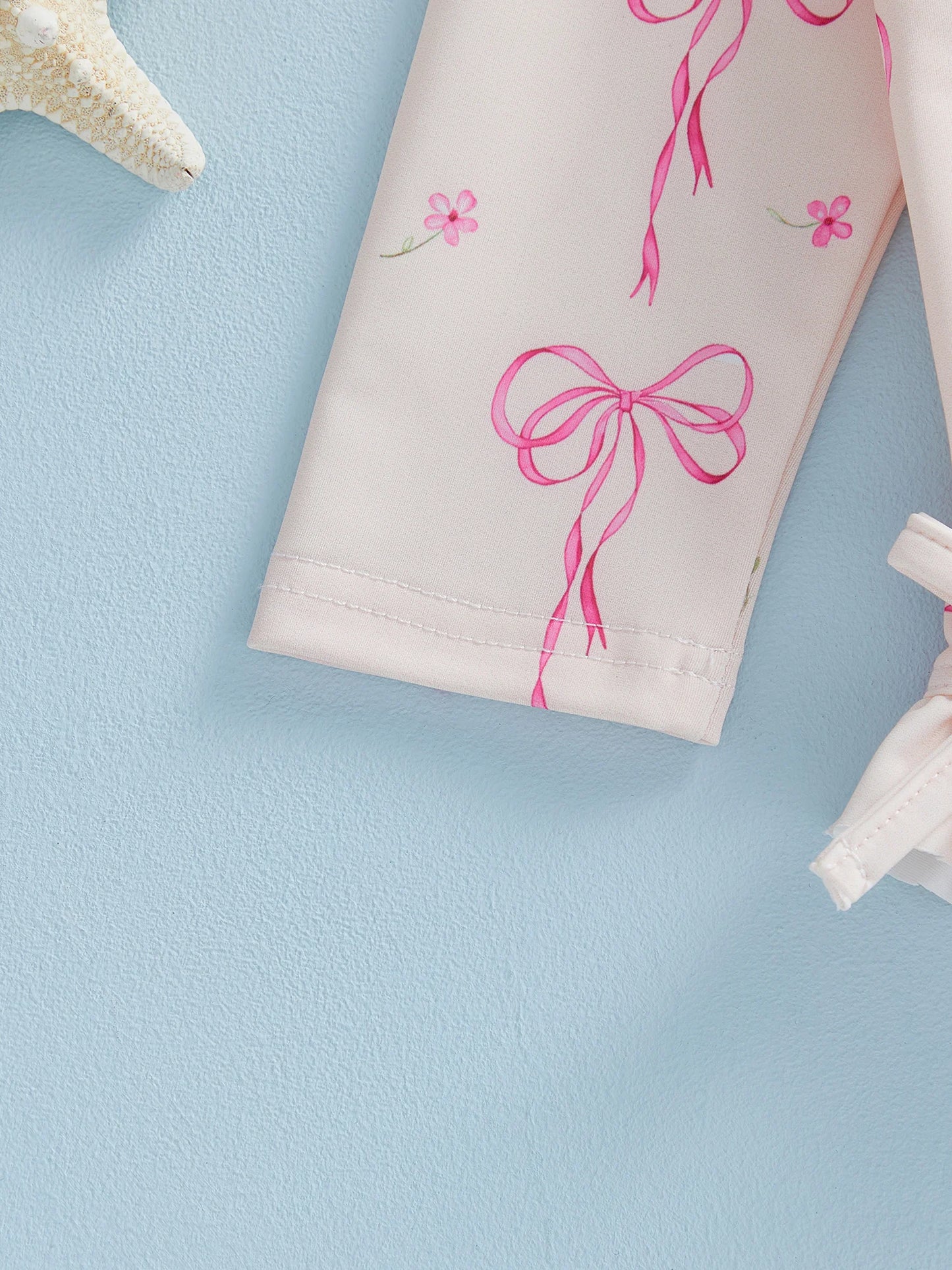 Toddler Baby Girl Rash Guard Swimsuit Bow Print Ruffled Long Sleeve Round Neck Beachwear Jumpsuit and Hat Swimwear 2Pcs Set