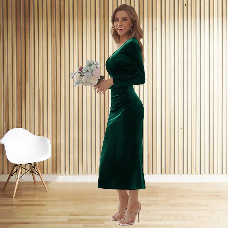 Lady Dress New Year Christmas Elegant vintage velvet autumn Winter V-neck long sleeve stretch waist length dress Party Dress
