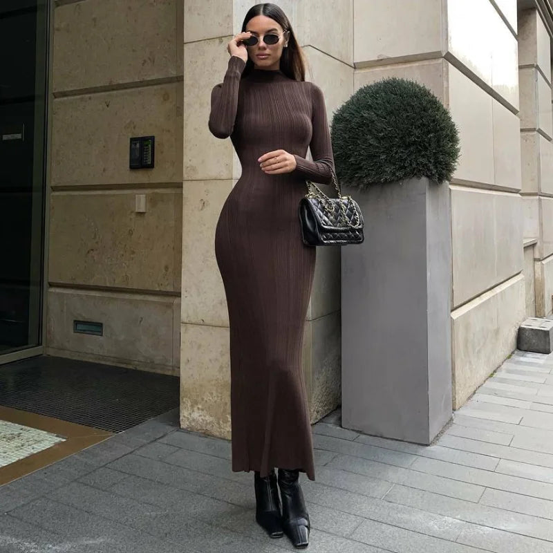 Turtleneck Knitted Women Dresses Sexy Solid High Waist Hip Package Lady Dress Elegant Long Sleeve Slim Female Vestidos