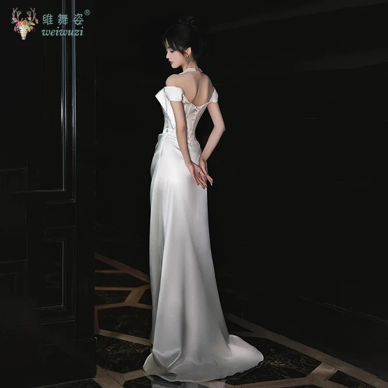 French Style Luxury Pleat Satin Strapless Light Wedding Bridal Dress Off-Shoulder Light Wedding Dress Birthday Party Prom Gowns