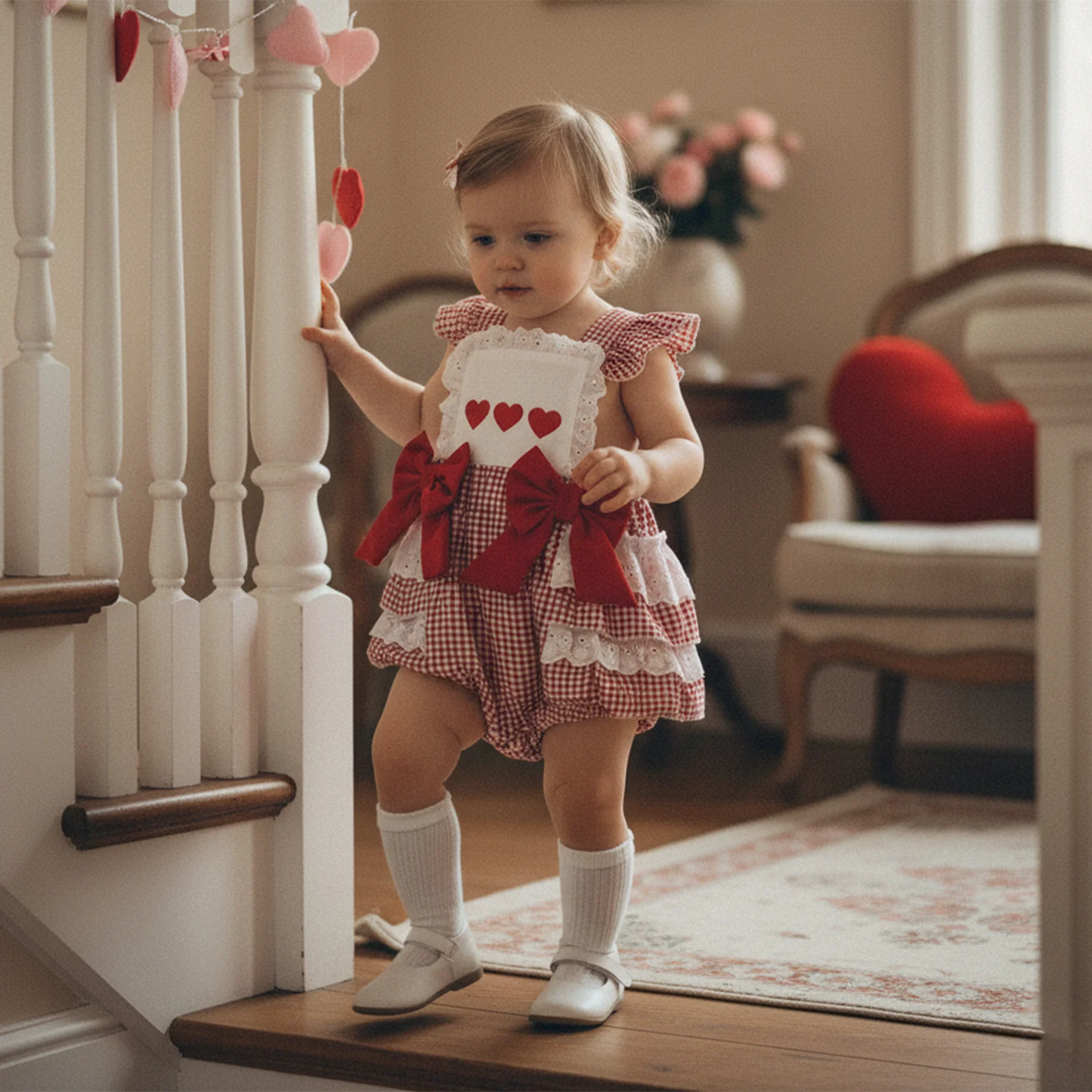 0-18M Valentine's Day Infant Baby Girls Rompers Sleeveless Square Collar Lace Ruffled Letter Embroidery Bow Jumpsuit