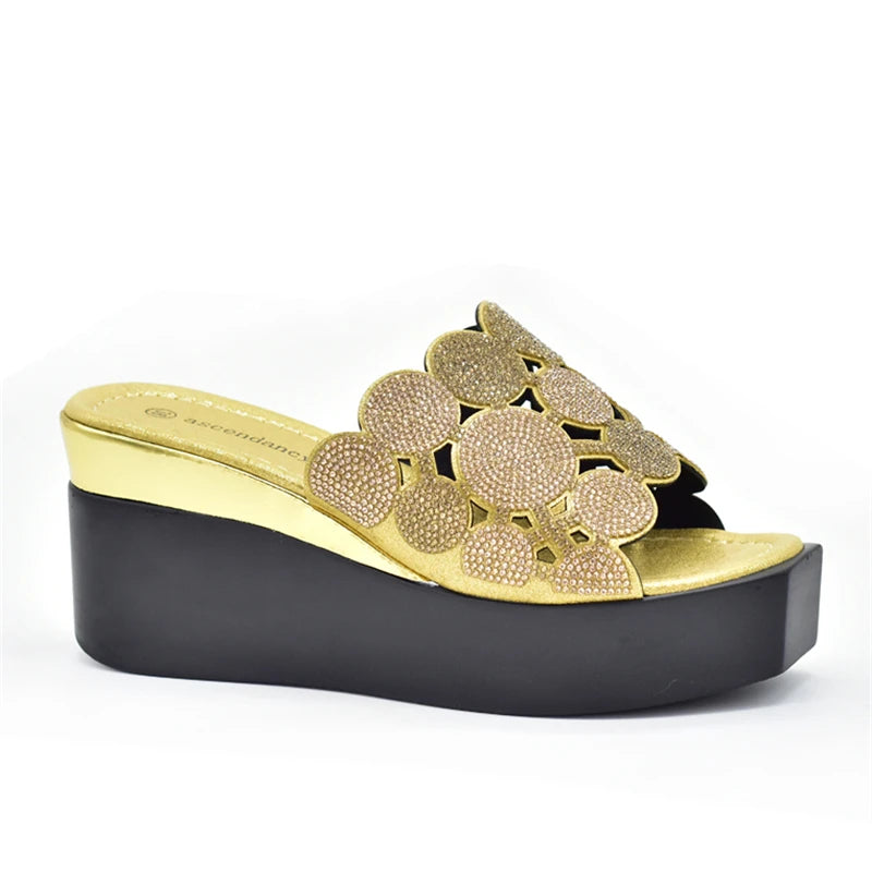 New Fashion Lady Shoes with Rhinestone Crystal Design Open Toe Sexy Nigerian Ladies Shoes Party Wedding Shoes Slippers Pumps