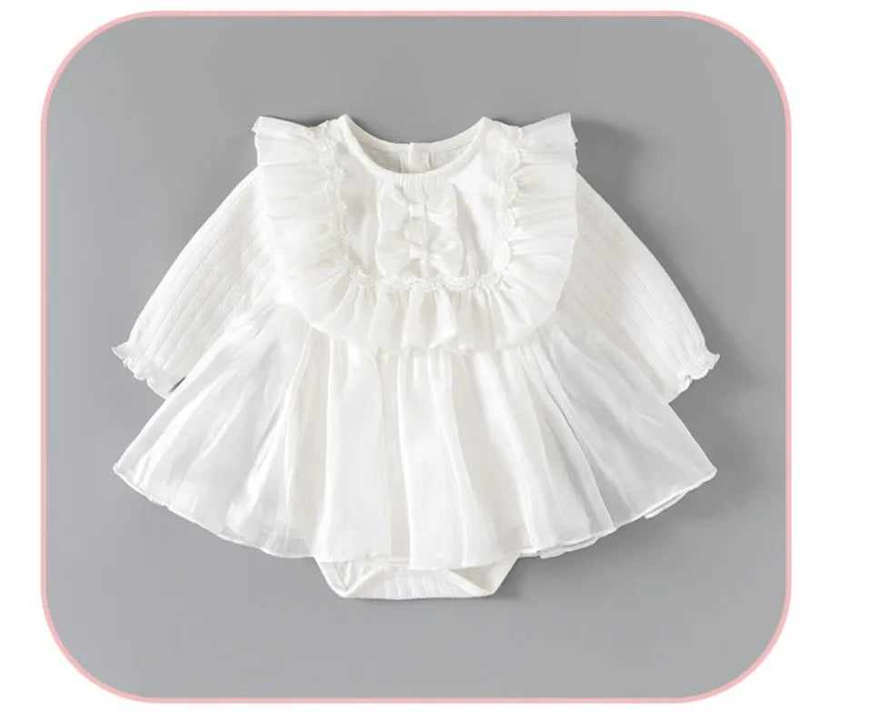 Spring Autumn Newborn Girls Clothes Korean Cute Bow Mesh Cotton Long Sleeve Princess Bodysuits+Hat Baby Boutique Clothing B038