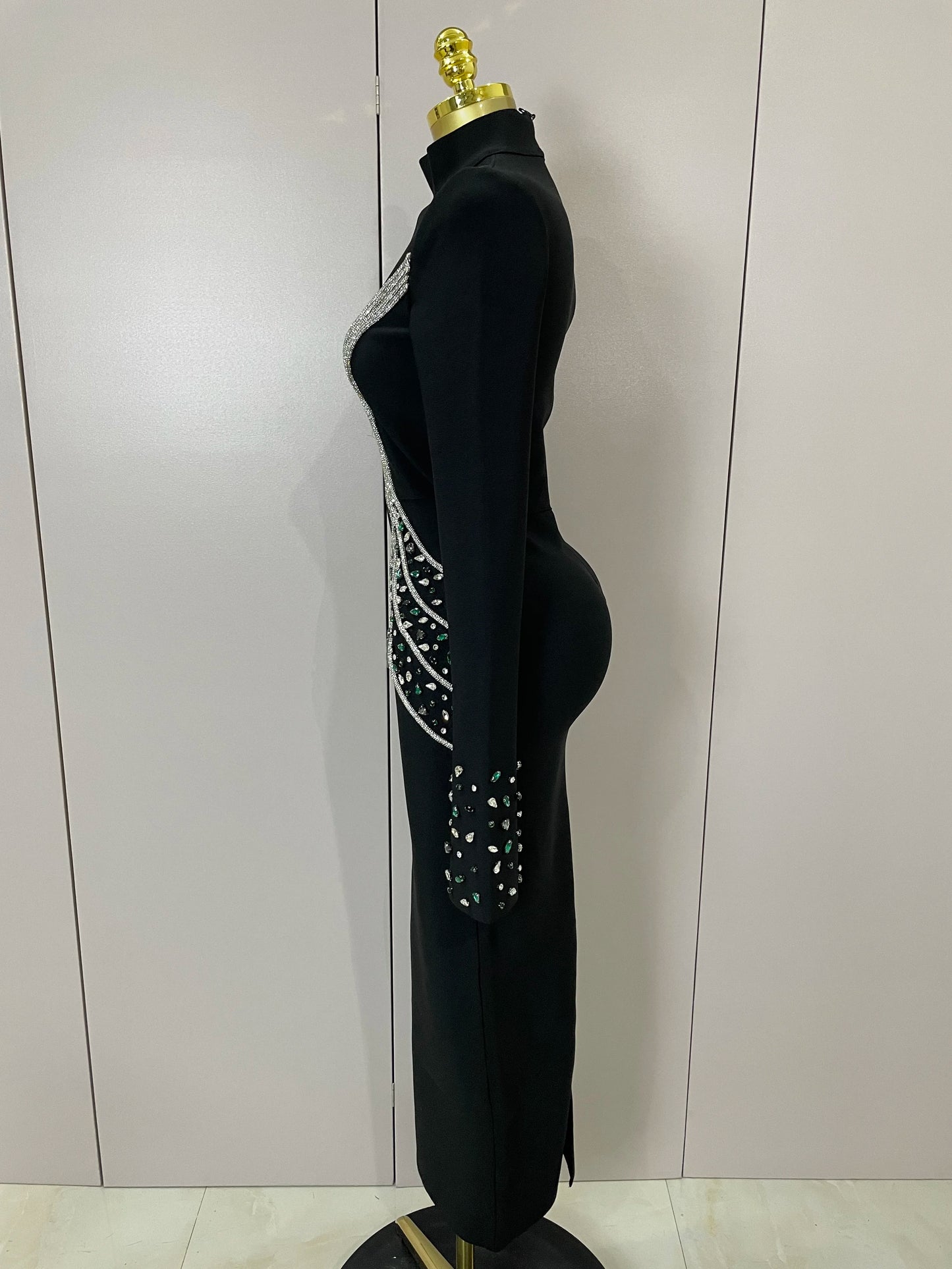 Women High Quality Black Color Long Sleeve Sexy Shiny Crystal Bodycon Long Bandage Dress Evening Birthday Party Cocktail Dress