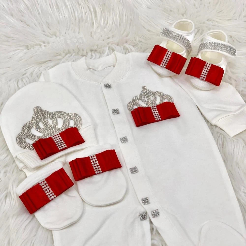 Dollbling Butterfly Jewelry Crown Gift Clothing Sets Welcome Home Lace Baby Rompers Mittens Bonnet Pajamas Outfit 4pcs Layette