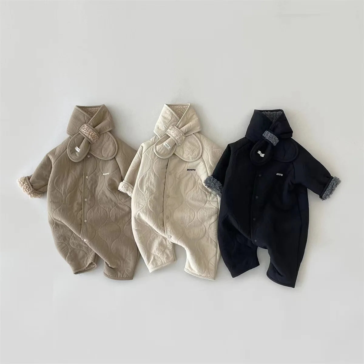 2025 Winter New Baby Plus Velvet Thick Warm Romper + Scarf Newborn Infant Boy Girl Long Sleeve Lamb Fleece Warm Jumpsuit 0-24M