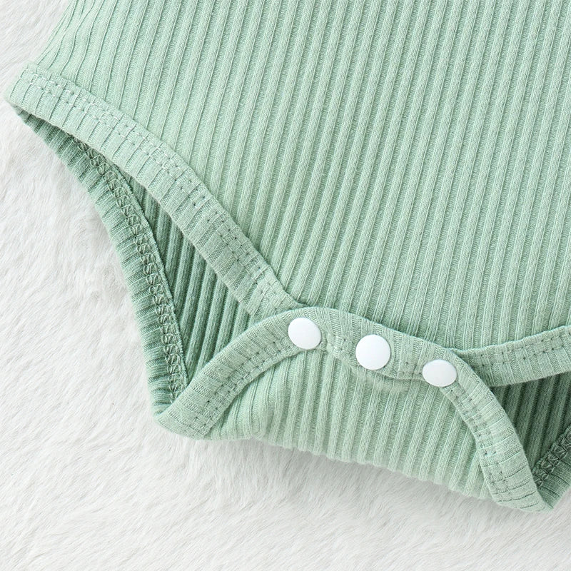 Baby Girl Summer Set Sleeveless Frill Trim Ribbed Romper Elastic Waist Shorts Bow Headband Infant Toddler 3 Piece Outfit