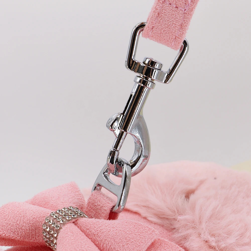 Soft Warm Dog Vest Harness and Leash Set Cute Bowknot Pet Winter Clothes Vest Warm Fur Small Dog Clothing French Bulldog Pink