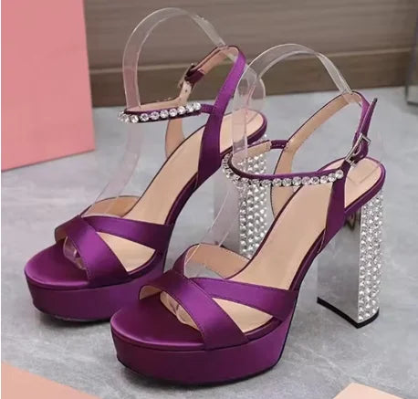 Luxury Crystal Chunky Heels Gladiator Sandals Women Sliver Leather Slingback High Heel Party Shoes Open Toe Women's Sandalias