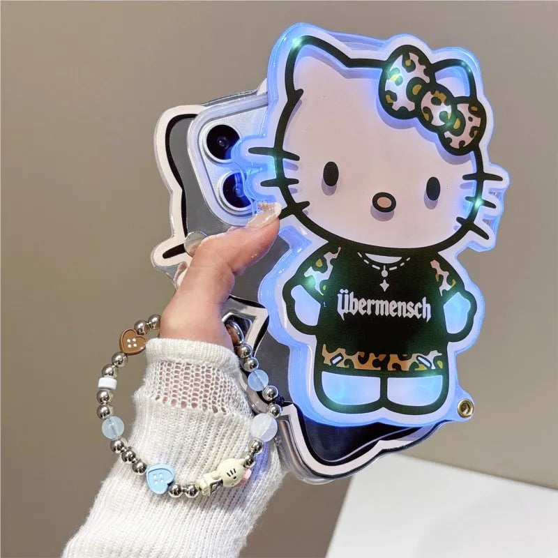Sanrio Cartoon Glowing Hello Kitty Girlish Mirror Phone Case For IPhone 17 Pro Max 16 15 14 Promax Leopard Print Anti-drop Cover