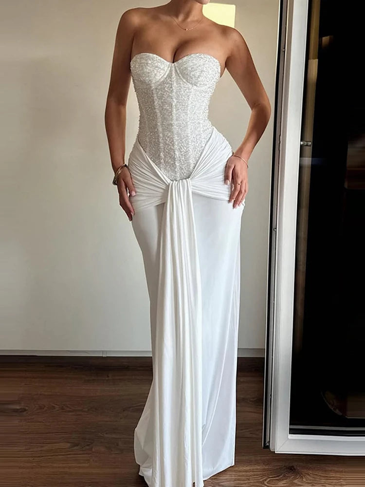 Women's Sexy Strapless Sleeveless Evening Dress Fashion Waist Slim Solid Wedding Dress Elegant Sequins Splicing Pleat Long Dress