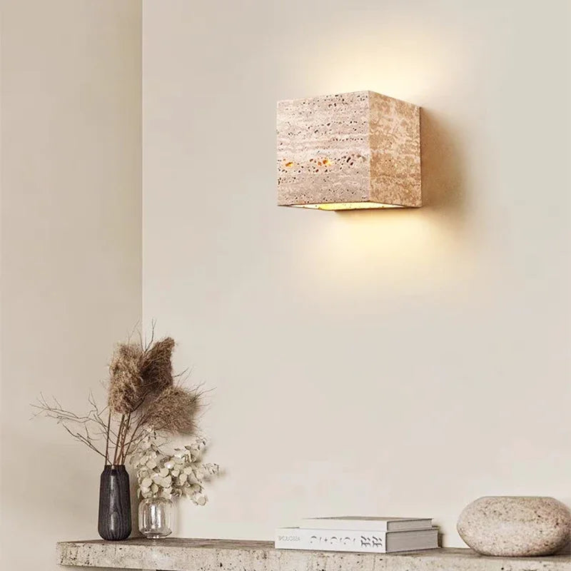 Wabi Sabi Yellow Marble Wall Lamp Led Bedside Japan Bedroom Living Room Wall Light Travertine Stair Cor