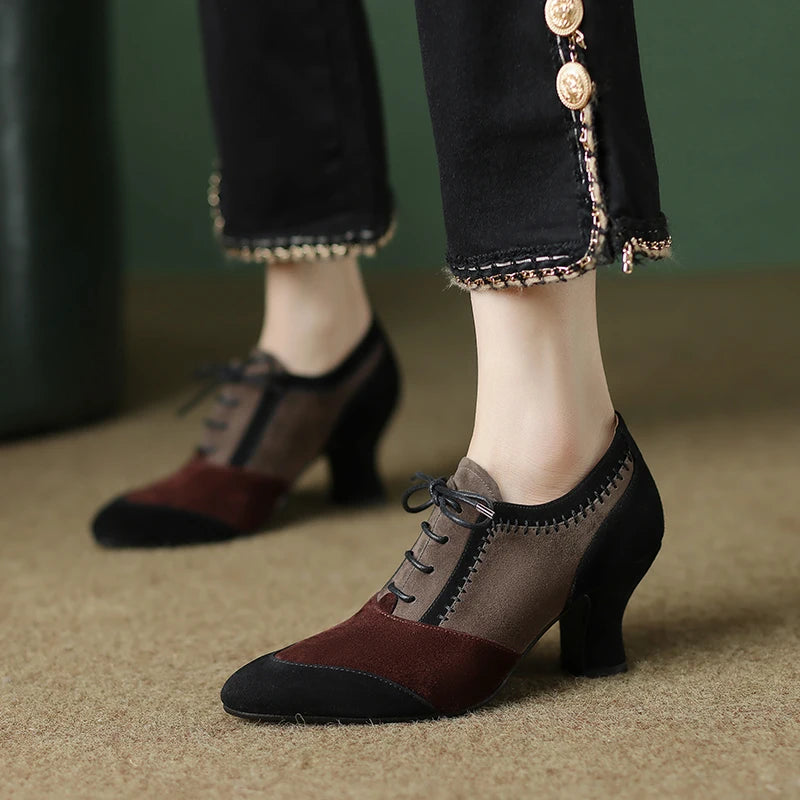 2025 New Spring Autumn Retro Mature Women Pumps Office Ladies High-heeled Lace-Up Genuine Leather Suede Shoes Woman High Quality