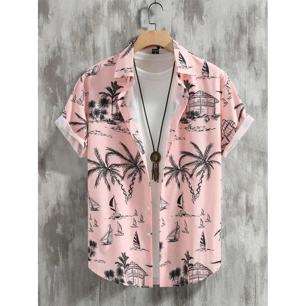 Men's Coconut Tree Graphic Print Short Sleeve Lapel Shirt Tops Men's Casual Button down Shirts Clothing Versatile Shirts