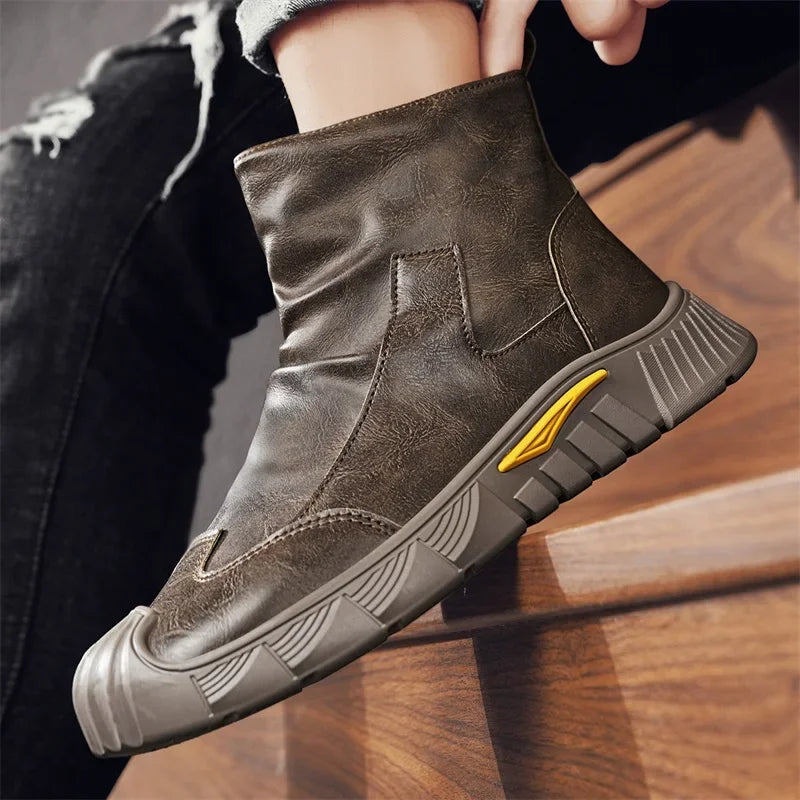 Fipatbu Unisex wool-lined barefoot leather boots with a solid color and a wide-toe design