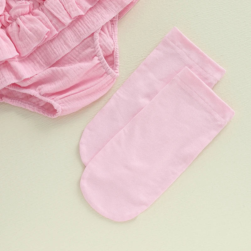 0-18M Newborn Infant Baby Girl Summer Outfits Bow Embroidery Short Sleeve Romper+Tutu Skirt Shorts+Socks +Headband Set