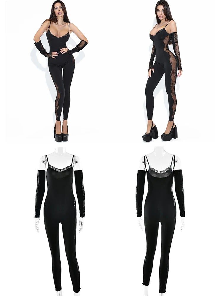 Sibybo Spring Autumn Long Sleeve Sexy Jumpsuits Women Fashion Lace Patchwork Square Collar Bodycon Romper Ladies Party Playsuits