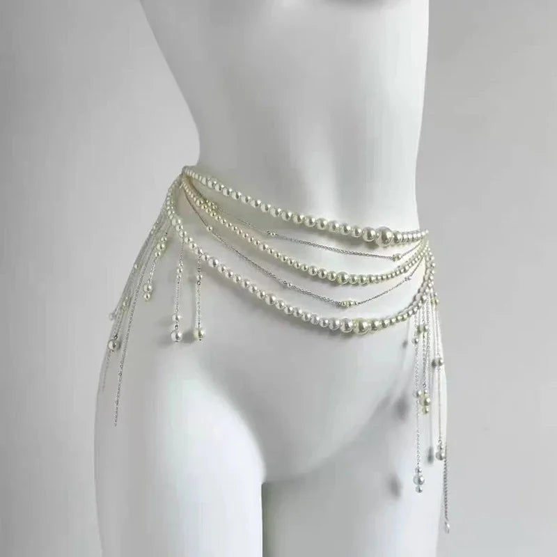 Sexy Geometric Pearl Waist Chain For Women Flower Tassel Double Layer Beads Chain Belt Streetwear Summer Fashion Body Jewelry