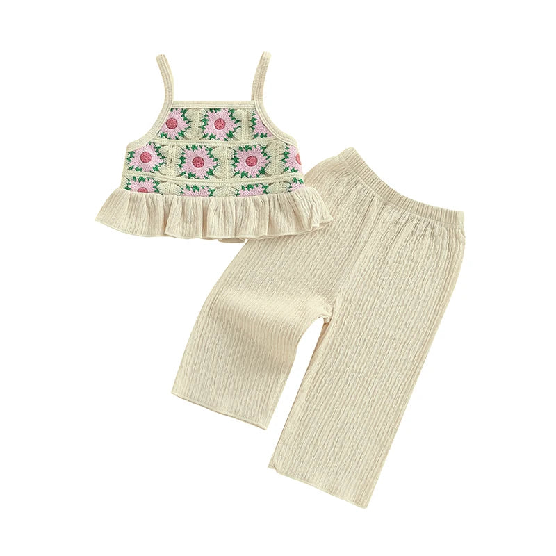 Toddler Girl Crochet Outfit Crochet Floral Crop Top Sleeveless Camisole Ruffle Top and Pant Set Baby Summer Clothes