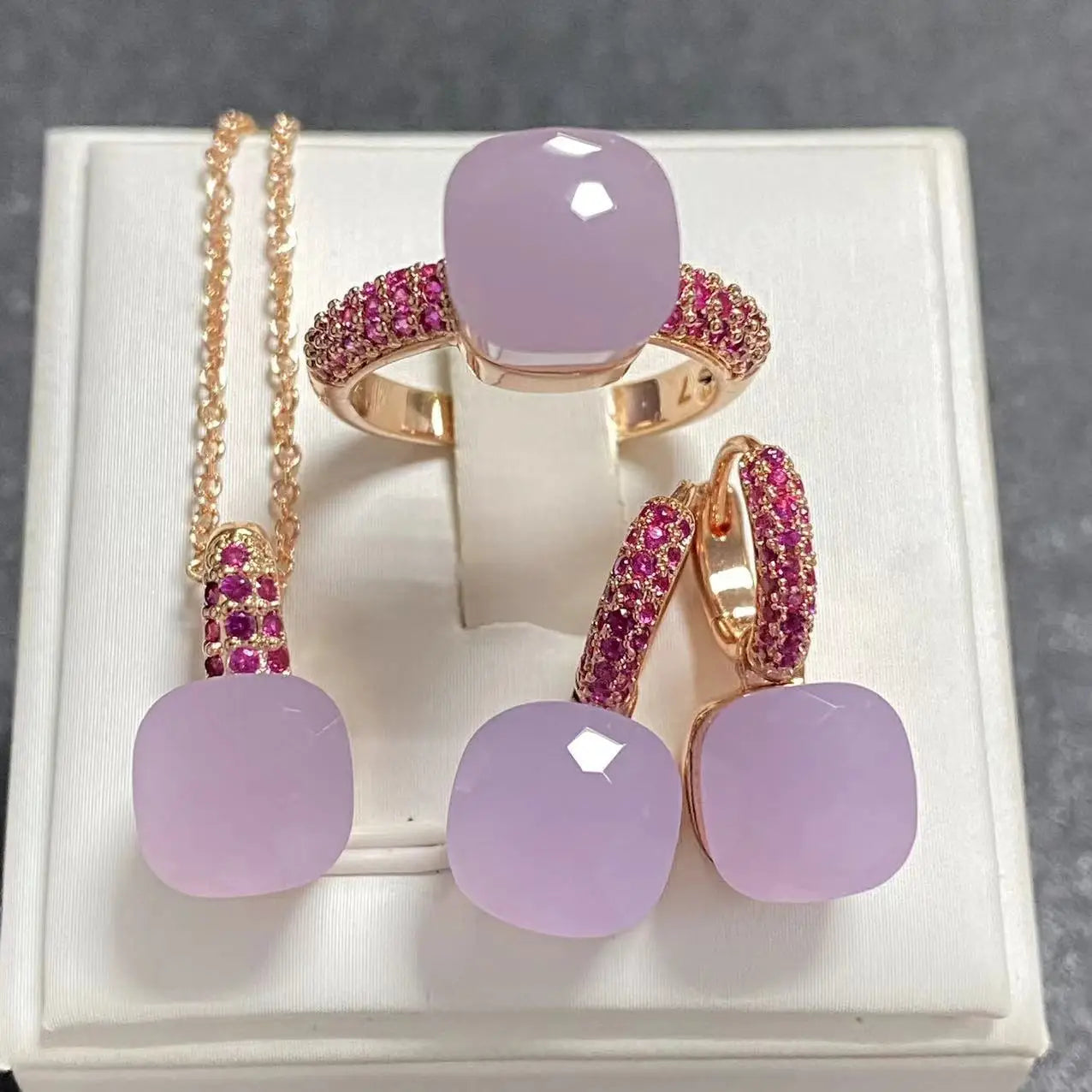 3Pcs/Set Women's Fashion Jewelry Gift Set - Rose Gold Plated Ring Earrings Necklace with Inlay Purple Zircon Crystal