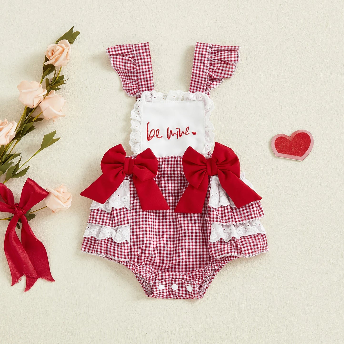 0-18M Valentine's Day Infant Baby Girls Rompers Sleeveless Square Collar Lace Ruffled Letter Embroidery Bow Jumpsuit