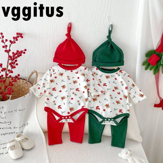 New Spring Autumn Baby Christmas Pajamas Set Long Sleeve Santa Print Bodysuit with Pants and Hat Infant Festive Sleepwear B6076