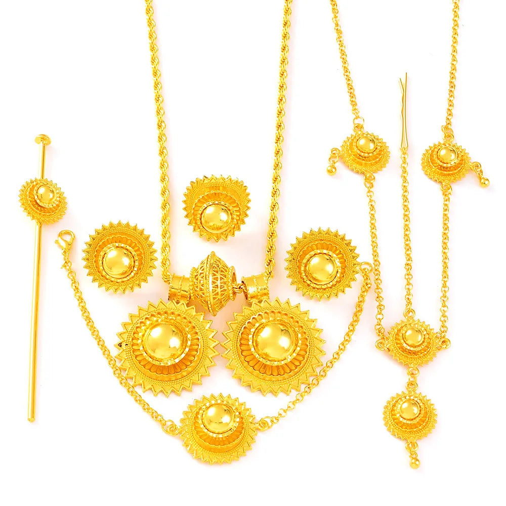 Ethiopian  Jewelry 2pcs Pendant/Necklace/Earring/Ring/Bracelet Gold Color Eritrea Set Man Women's Habesha Wedding Party Gift