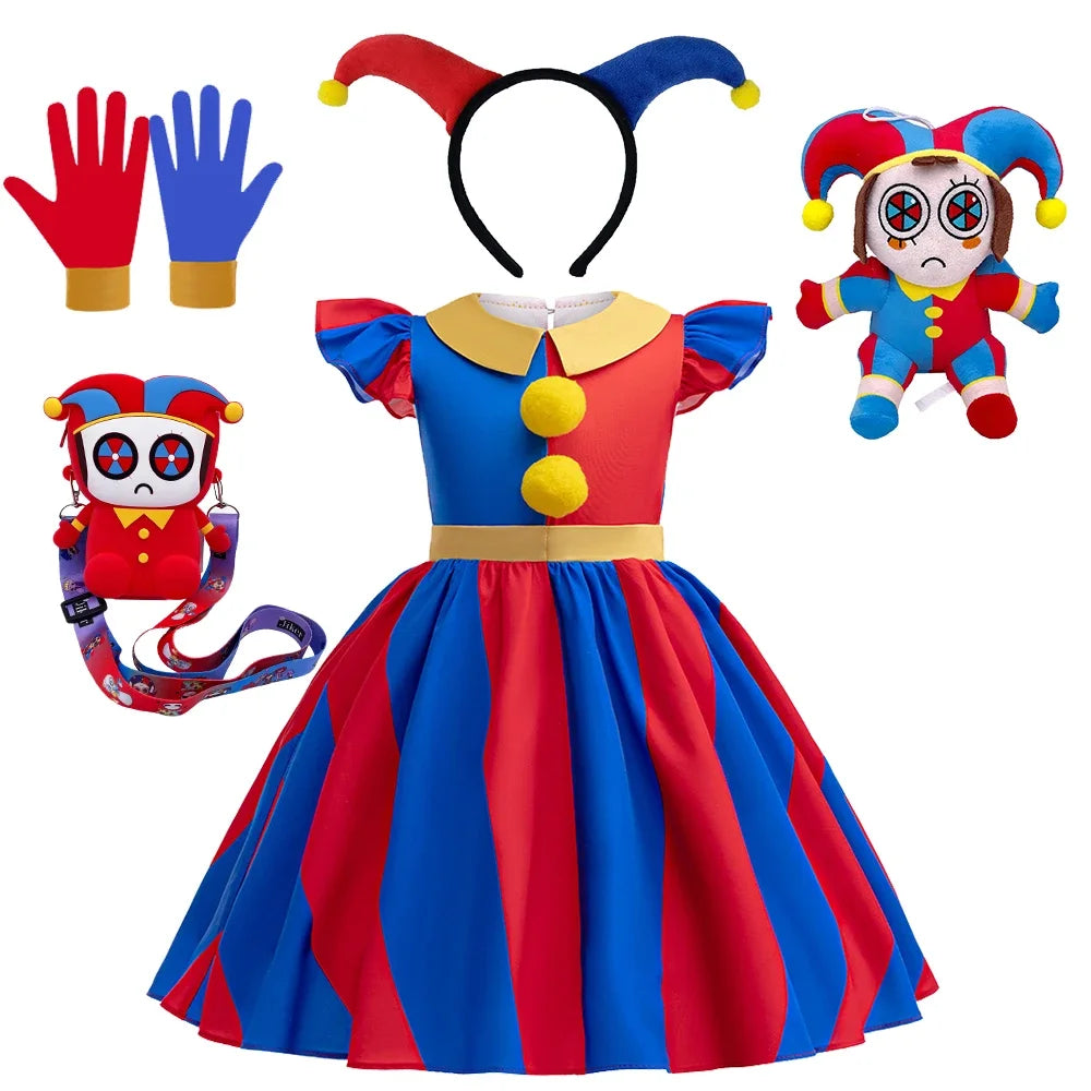 Halloween Amazing  Digital Circus Pomni Cosplay Costume Carnival Fancy Red Blue Clown Dress Up Disguise Joker Headwear