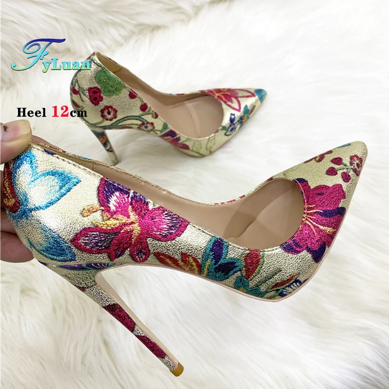 Fashion Print Women's Pumps 8CM 10CM 12CM Sexy Pointy Toe Luxury Female Shoes 2025 Spring Summer All-Match Woman Gold High Heels