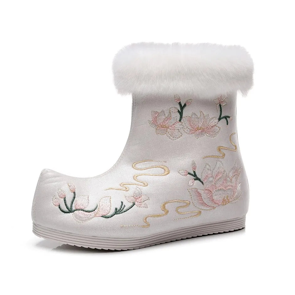 Winter Fashion Shoes Embroidered Fur Boots For Woman Bota Ancient Costume Botines Para Mujeres Hanfu Women's Boots Botas Mujer