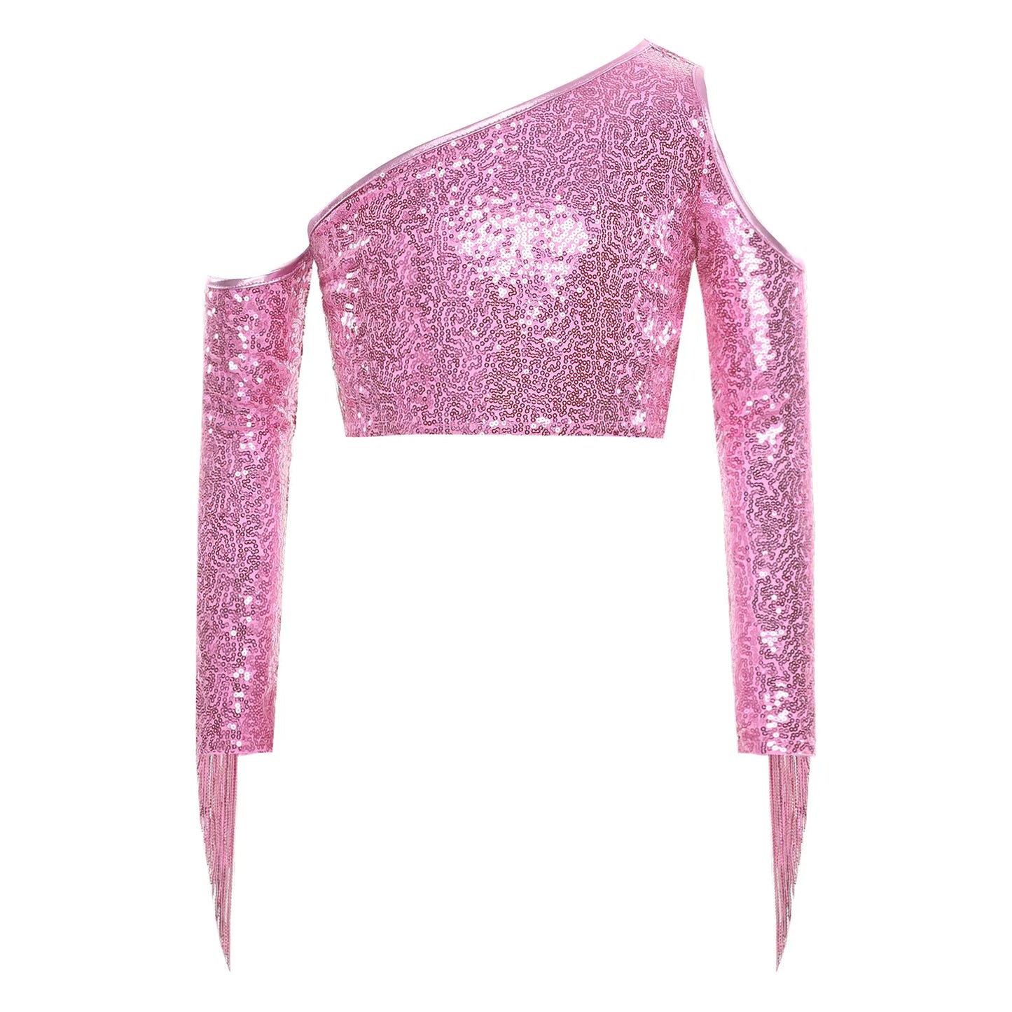 Children's One Shoulder Tassels Tops Streetwear Kids Girls Sequins Crop Top T-shirts Fashion Shiny Stage Performance Costume