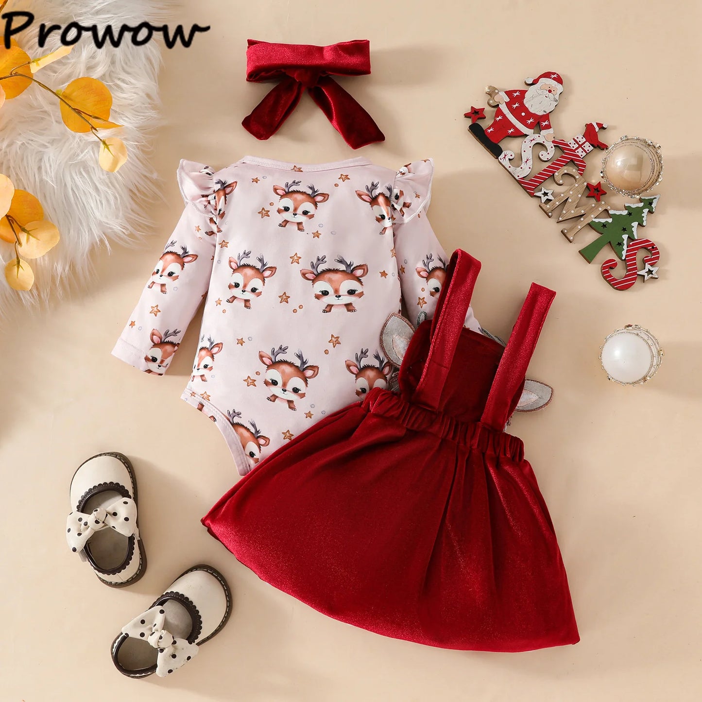 Prowow Baby Girls Christmas Outfits Set Red Bodysuit+Plaid Deer Suspender Dress Set 3pcs My First New Year Costume For Baby 2026