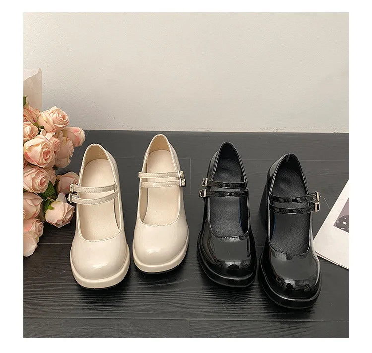 Women Chunky Heels Mary Jane Shoes Princess Spring New Fashion Platform Comfortable Black Soft Anti-slippery Dress Leather Shoes