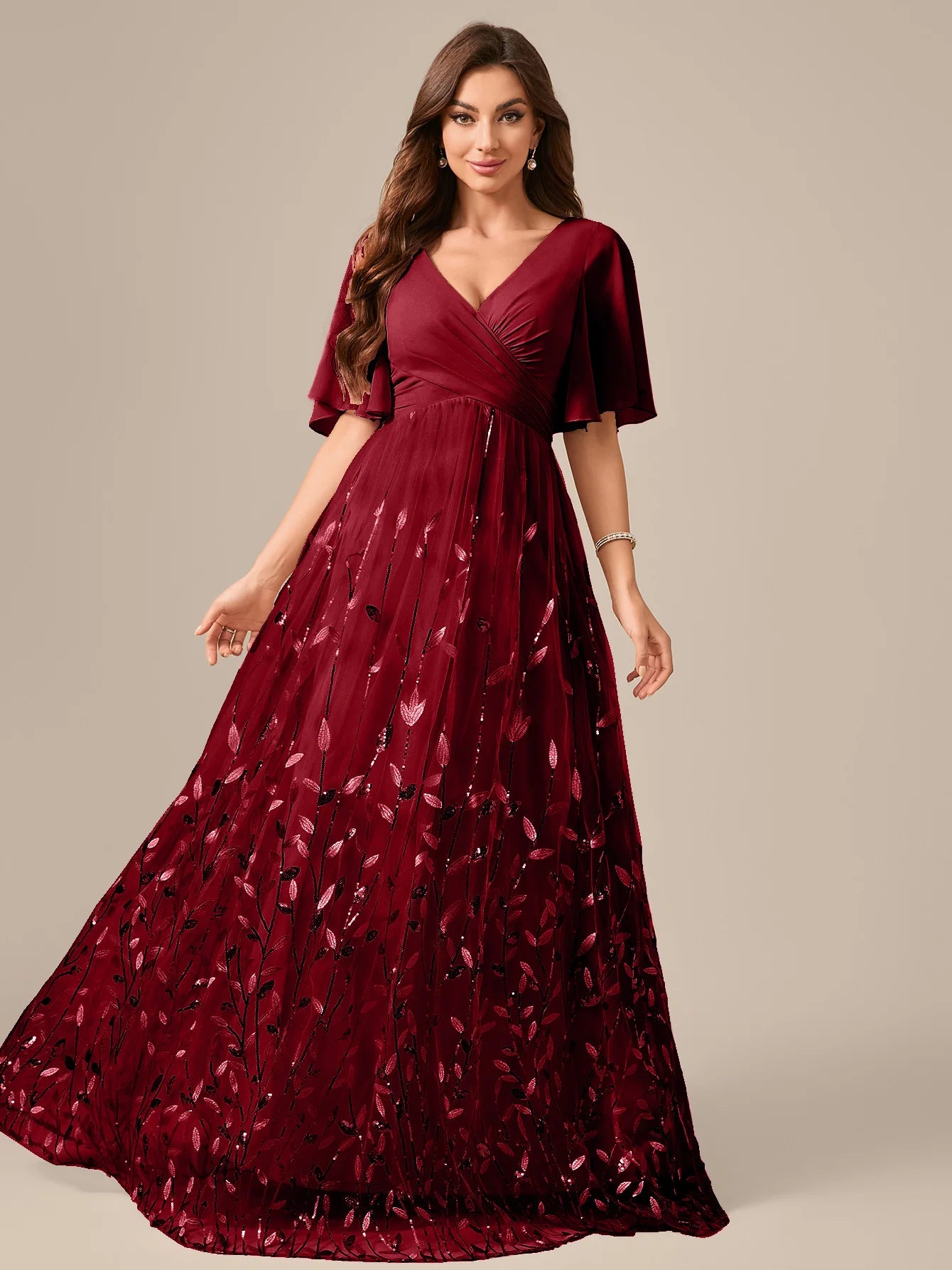 UNITHORSE Random Cutting V-neck Lace-Trimmed Sleeves Chest Pleats Leaf Pattern Tulle Patchwork Evening Dress
