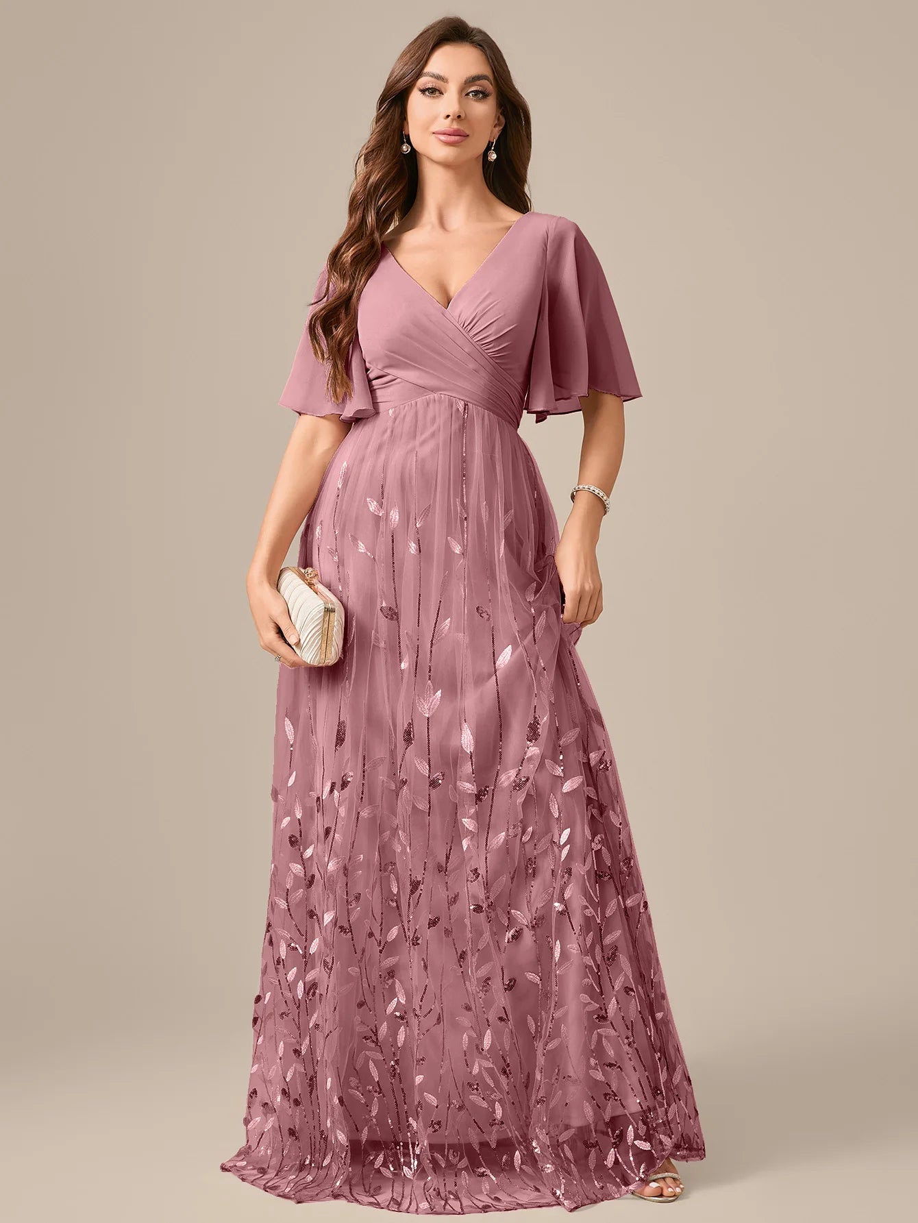 UNITHORSE Random Cutting V-neck Lace-Trimmed Sleeves Chest Pleats Leaf Pattern Tulle Patchwork Evening Dress