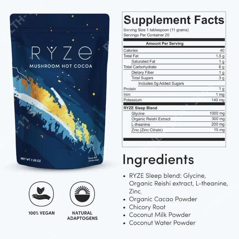 Mushroom Hot Cocoa Powder Sleep Support, Reishi L-Theanine Glycine Zinc Blend, Vegan Nighttime Relaxation Drink Mix, 20 Servings