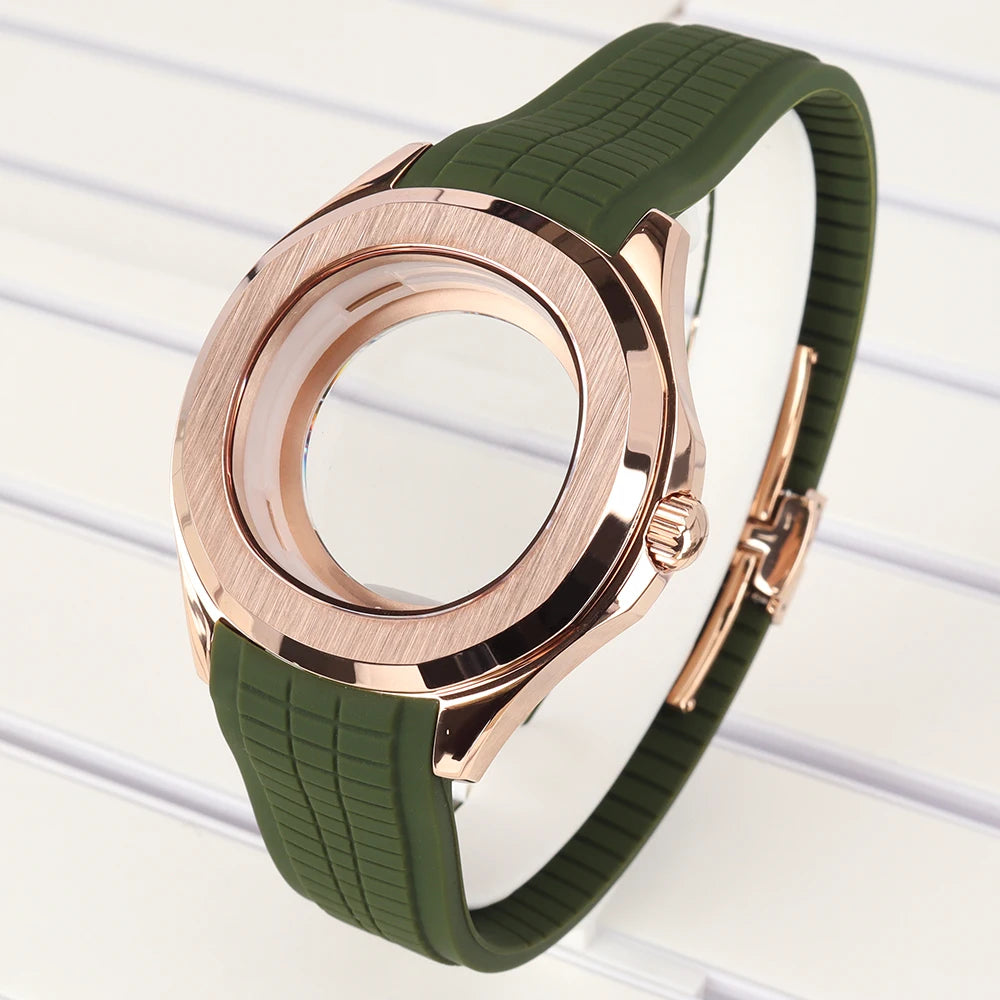 42mm Silver NH35 Watch Case Polished Brushed Black strap SapphireGlass For Nautilus AQUANAUT Cases Part NH35 NH36 NH38 32mm Dial