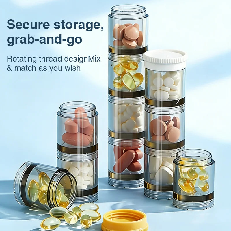 Portable Rotary Pill Box with Independent Mini Bottles, Leak-proof & Moisture-proof Travel Medicine Organizer, Secure Seal Weekl