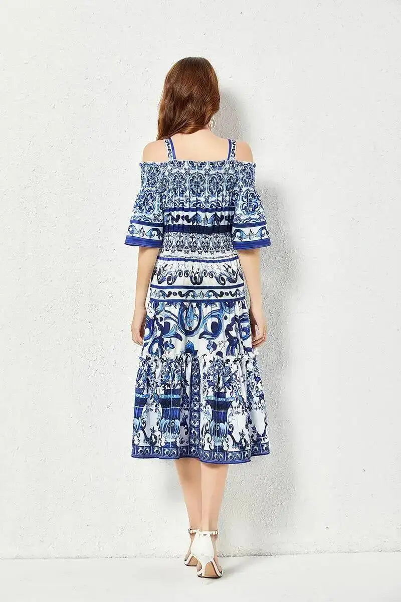 JAMERARY Summer Runway Blue White Porcelain Print Midi Dress Women's Straps Flare Sleeve Elastic Waist Cotton Floral Vestidos